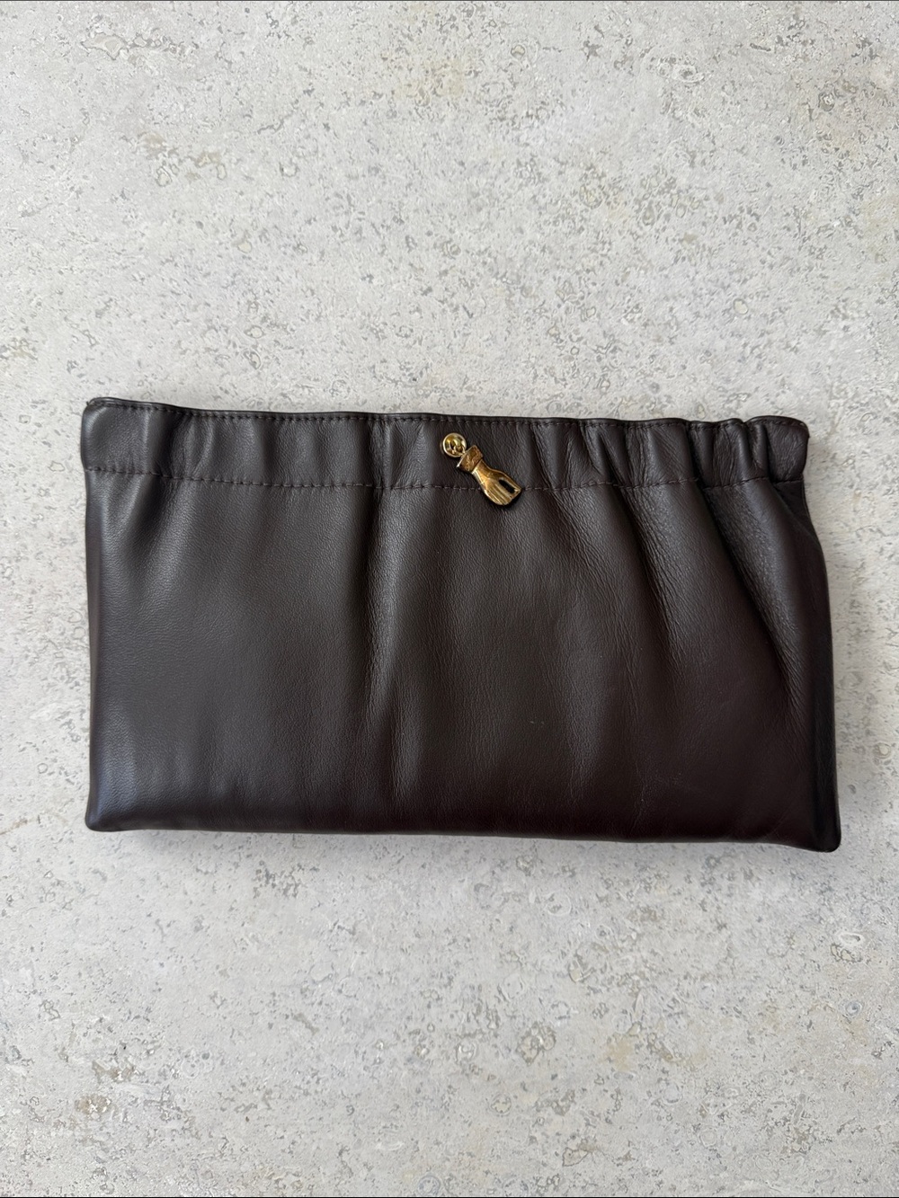 Vintage Dark Brown Leather Pouch with Gold Clasp